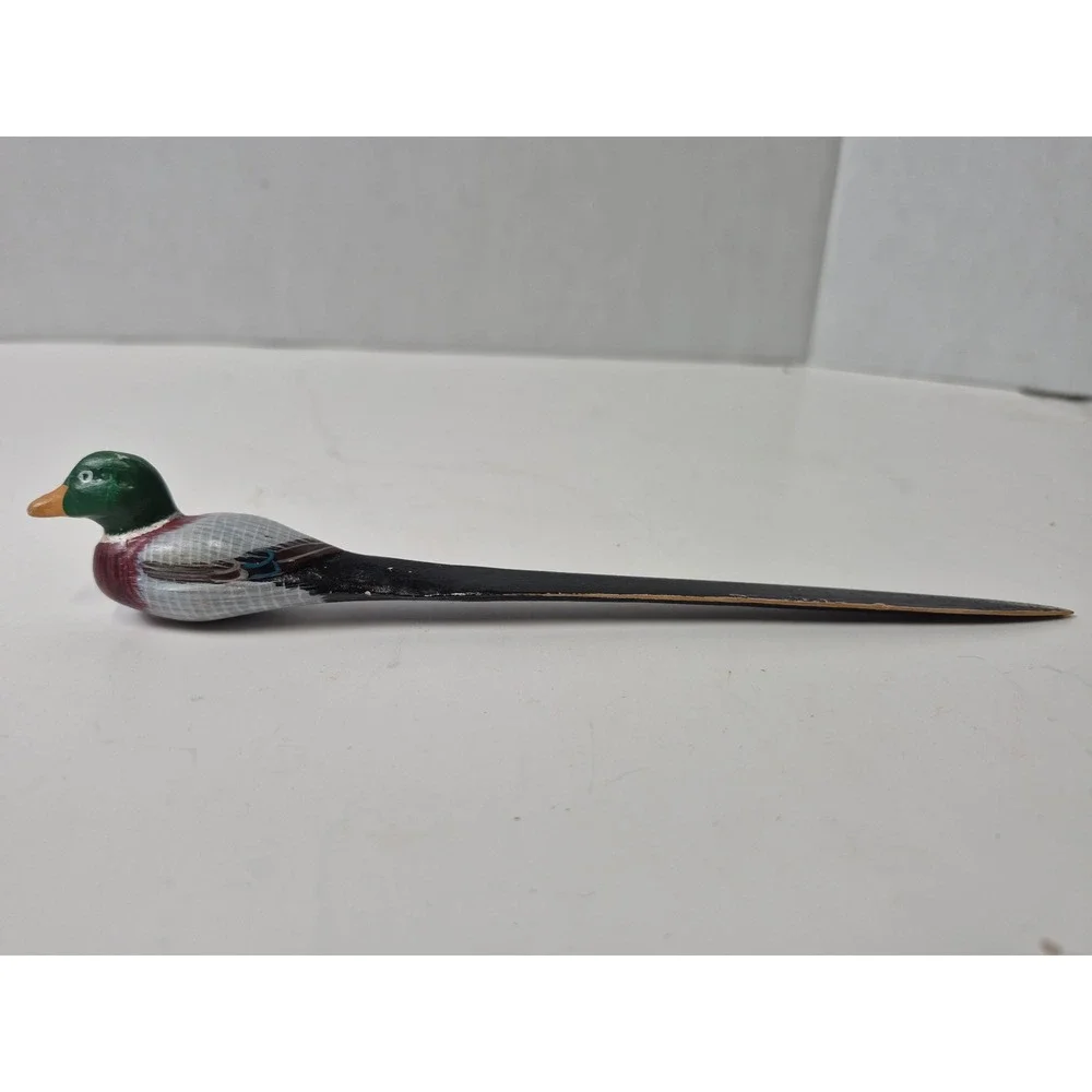 Vintage Hand Painted Wooden Mallard Duck Letter Opener Rustic Desk Accessory 7.5